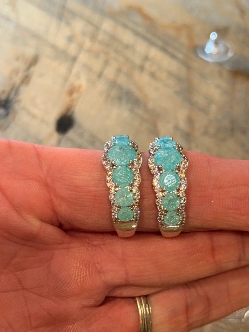 BP NWOT! Aquamarine Crystal Hoop Earrings with Silver Accents - Picture 5 of 5
